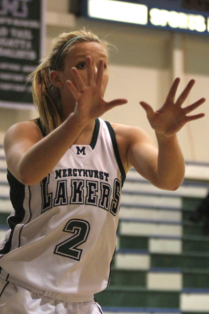 Photo by Ethan Magoc: Mercyhurst College's Nikki Frederickson calls for a pass during the first half against Clarion University on Wednesday, Jan. 19, 2011, at the Mercyhurst Athletic Center.